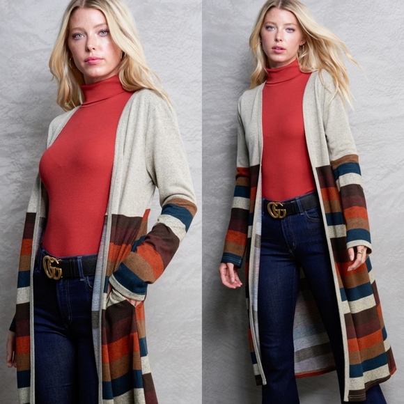 LAST1️⃣Long Multicolor Cardigan Pocket Cardigan - Picture 2 of 8